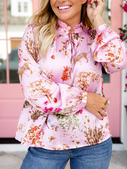 Floral and Leopard Print Long Sleeve Blouse