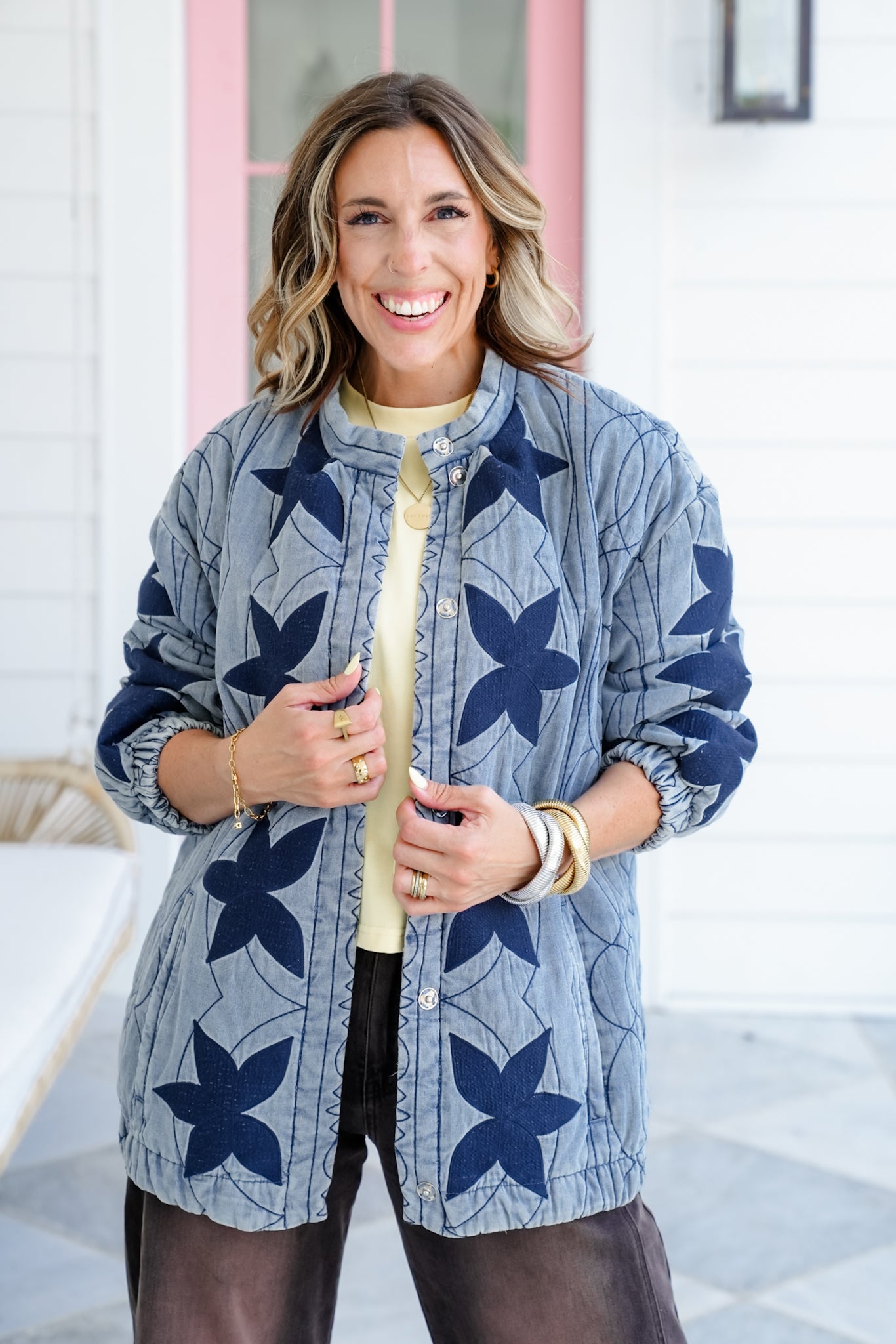 Quilted Long Sleeve Snap Button Down Jacket
