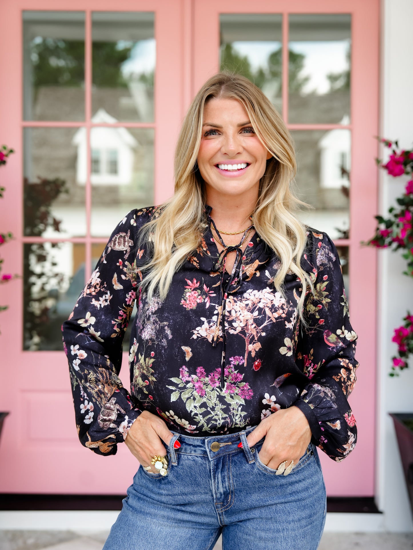 Floral and Leopard Print Long Sleeve Blouse