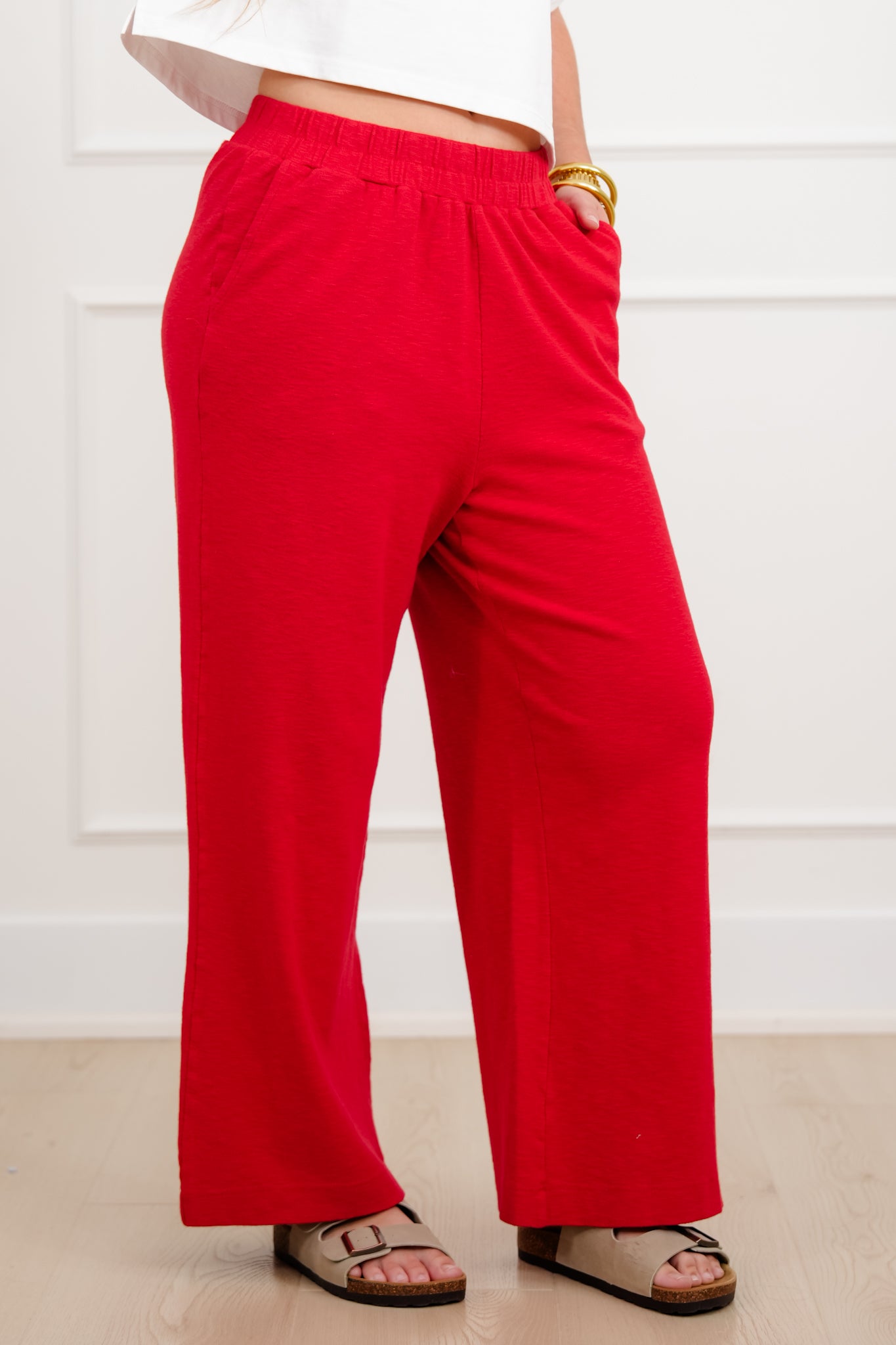 Solid Elastic Waist Wide Leg Pants