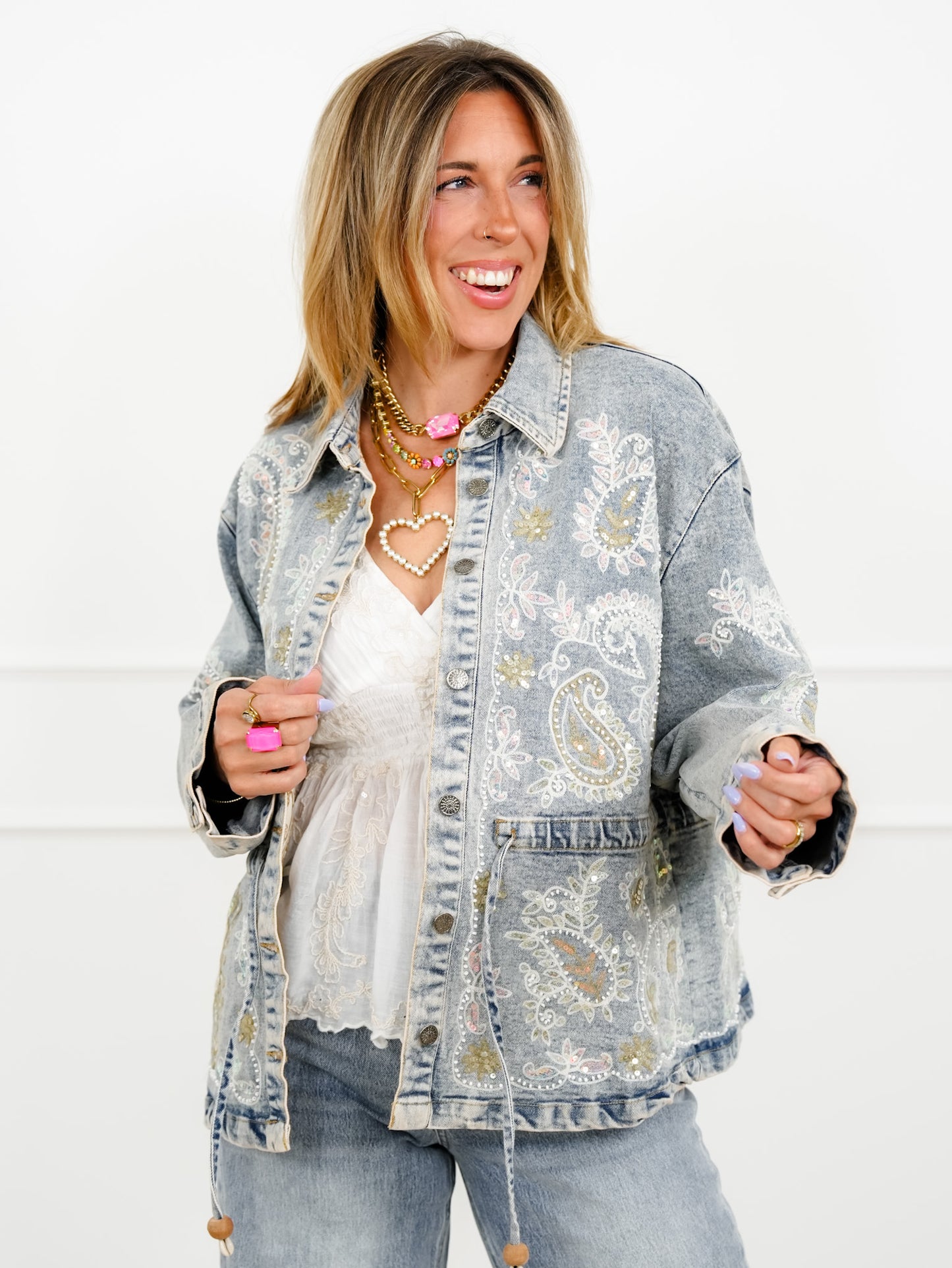 POL Light Wash Embroidered Sequin Paisley Denim Jacket
