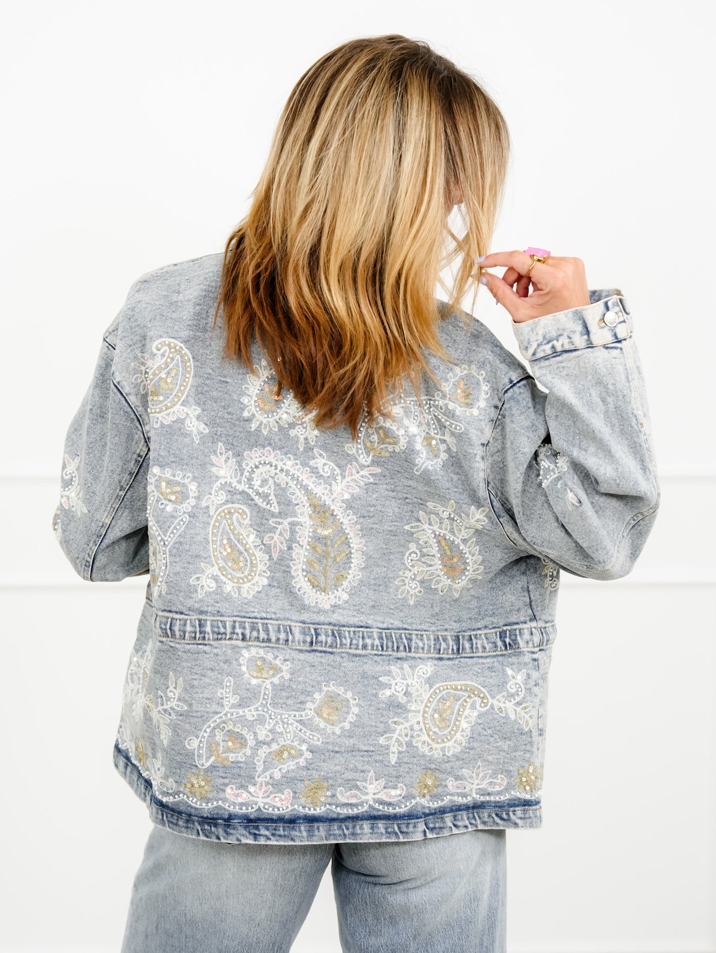 POL Light Wash Embroidered Sequin Paisley Denim Jacket