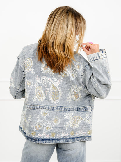 POL Light Wash Embroidered Sequin Paisley Denim Jacket