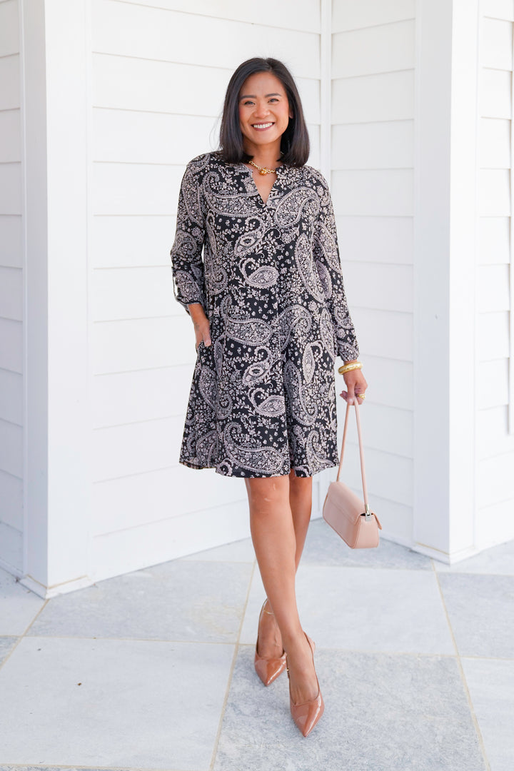 Doorbuster! Plus/Reg Paisley Button Tab Sleeve Dress