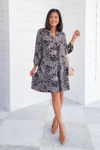 Doorbuster! Plus/Reg Paisley Button Tab Sleeve Dress