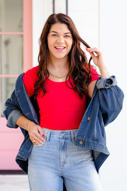 Poppy Day Door Buster! Zenana Ribbed Scoop Neck Crop Short Sleeve Top