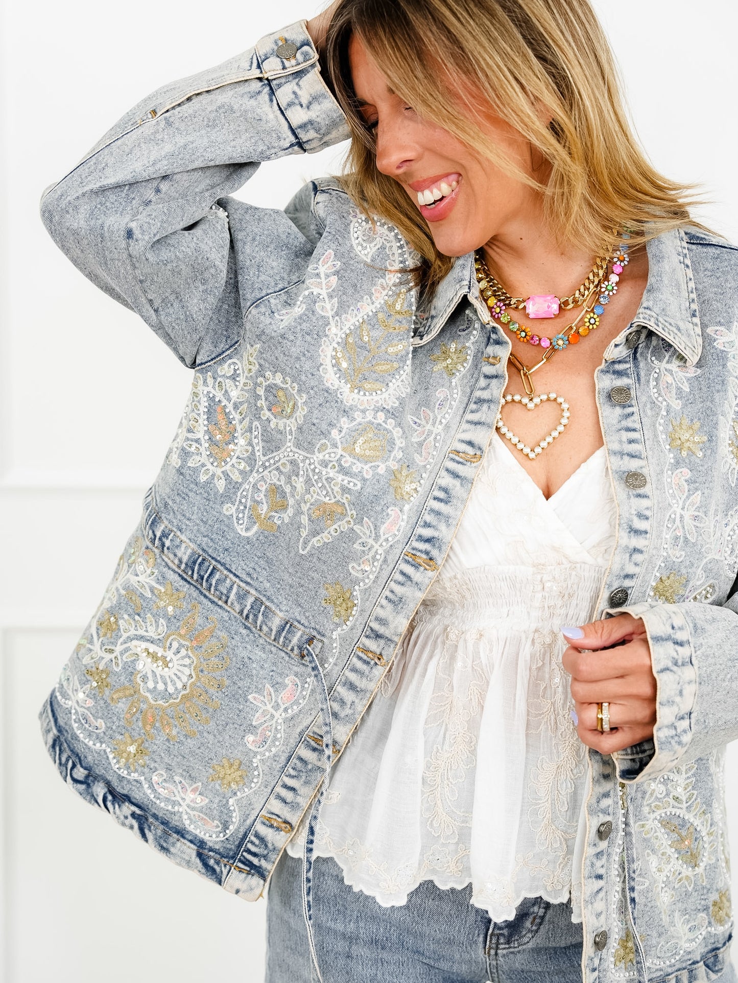 POL Light Wash Embroidered Sequin Paisley Denim Jacket