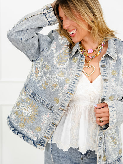 POL Light Wash Embroidered Sequin Paisley Denim Jacket