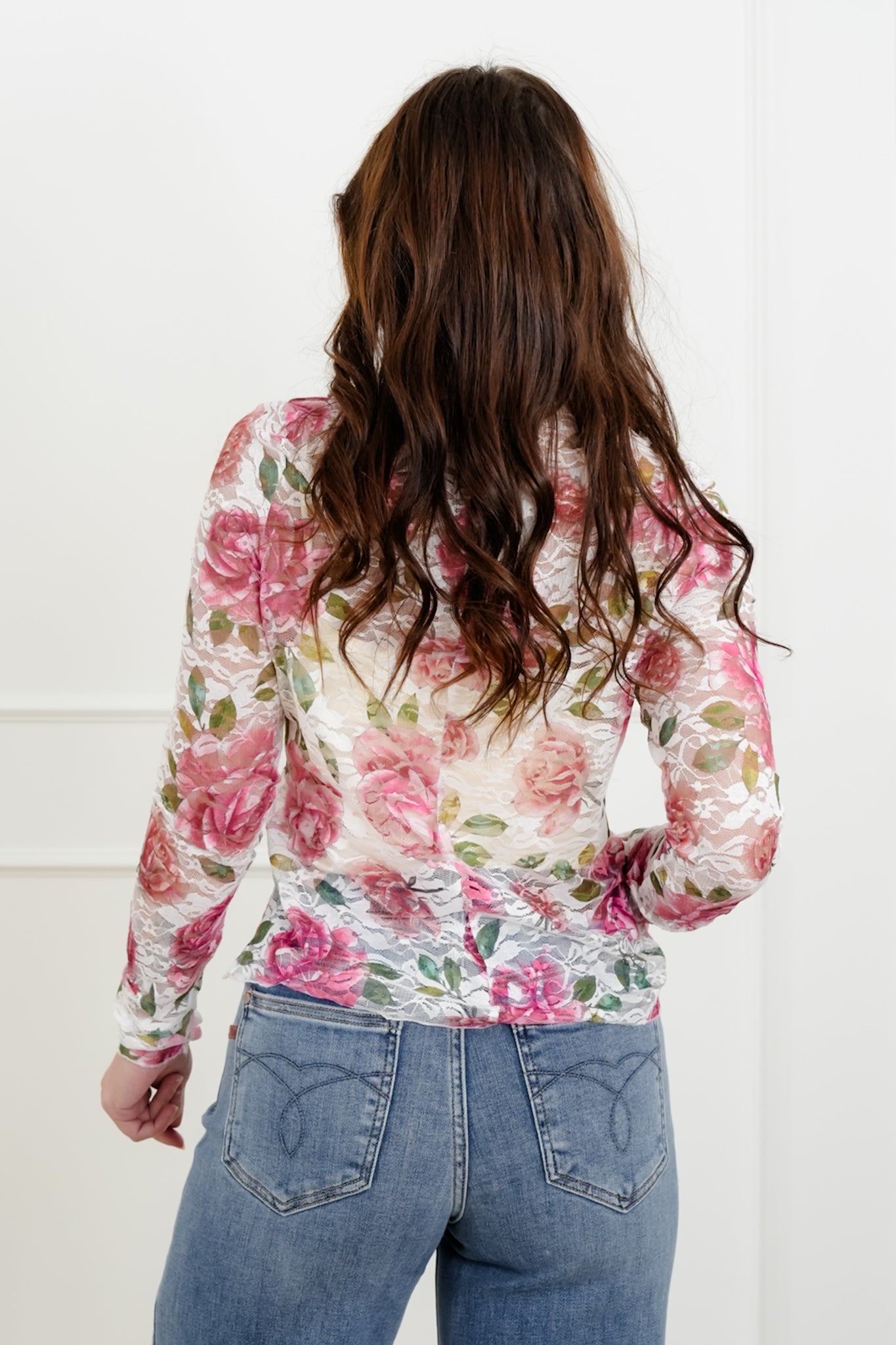 Rose Print Long Sleeve Round Neck Mesh Top