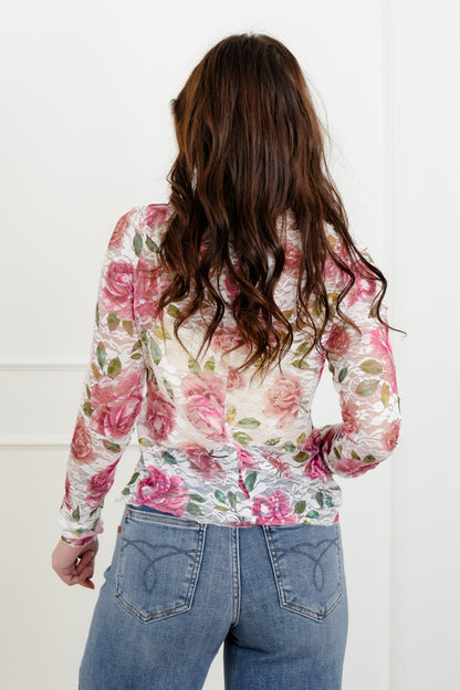 Rose Print Long Sleeve Round Neck Mesh Top