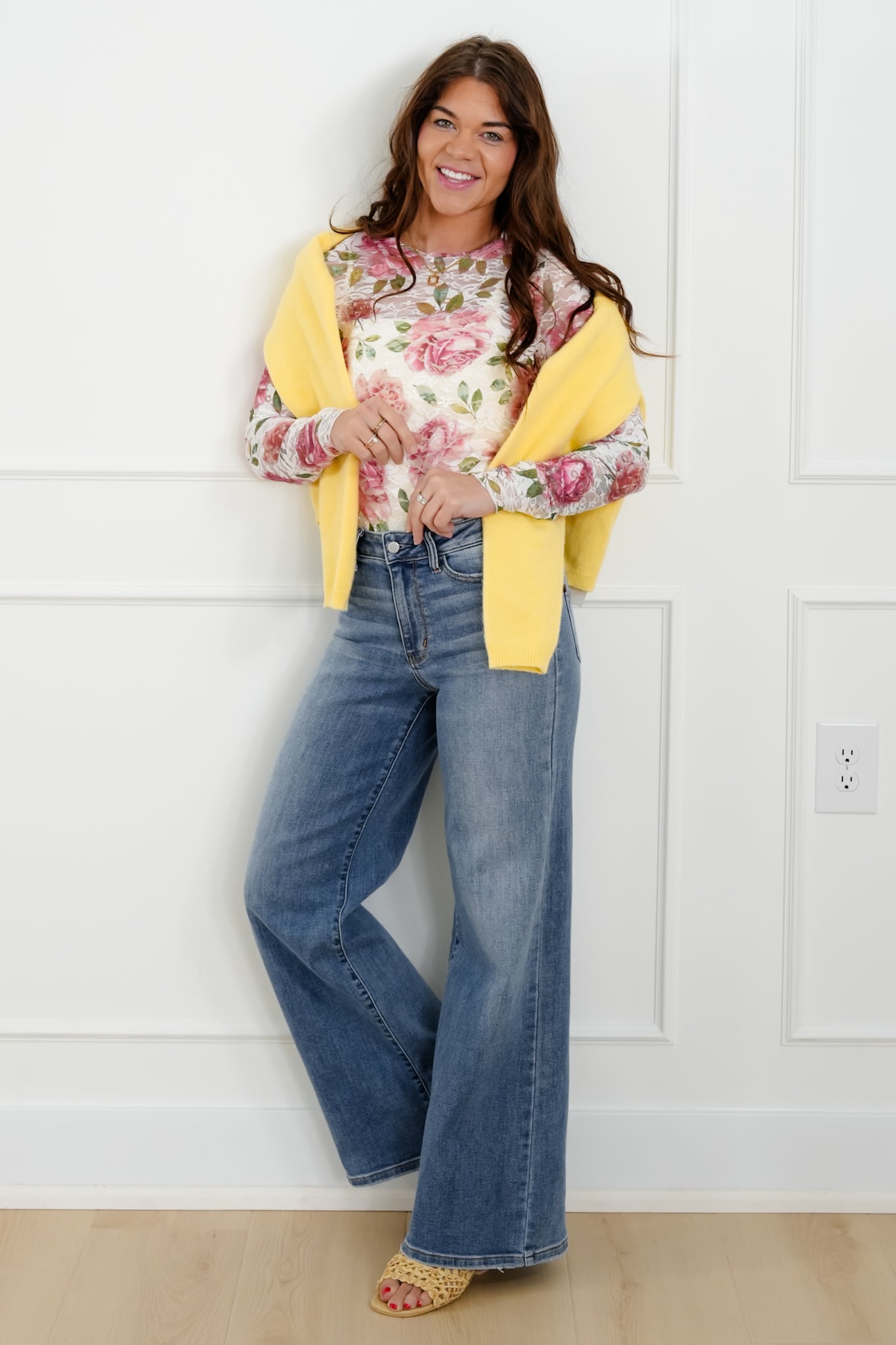 Rose Print Long Sleeve Round Neck Mesh Top