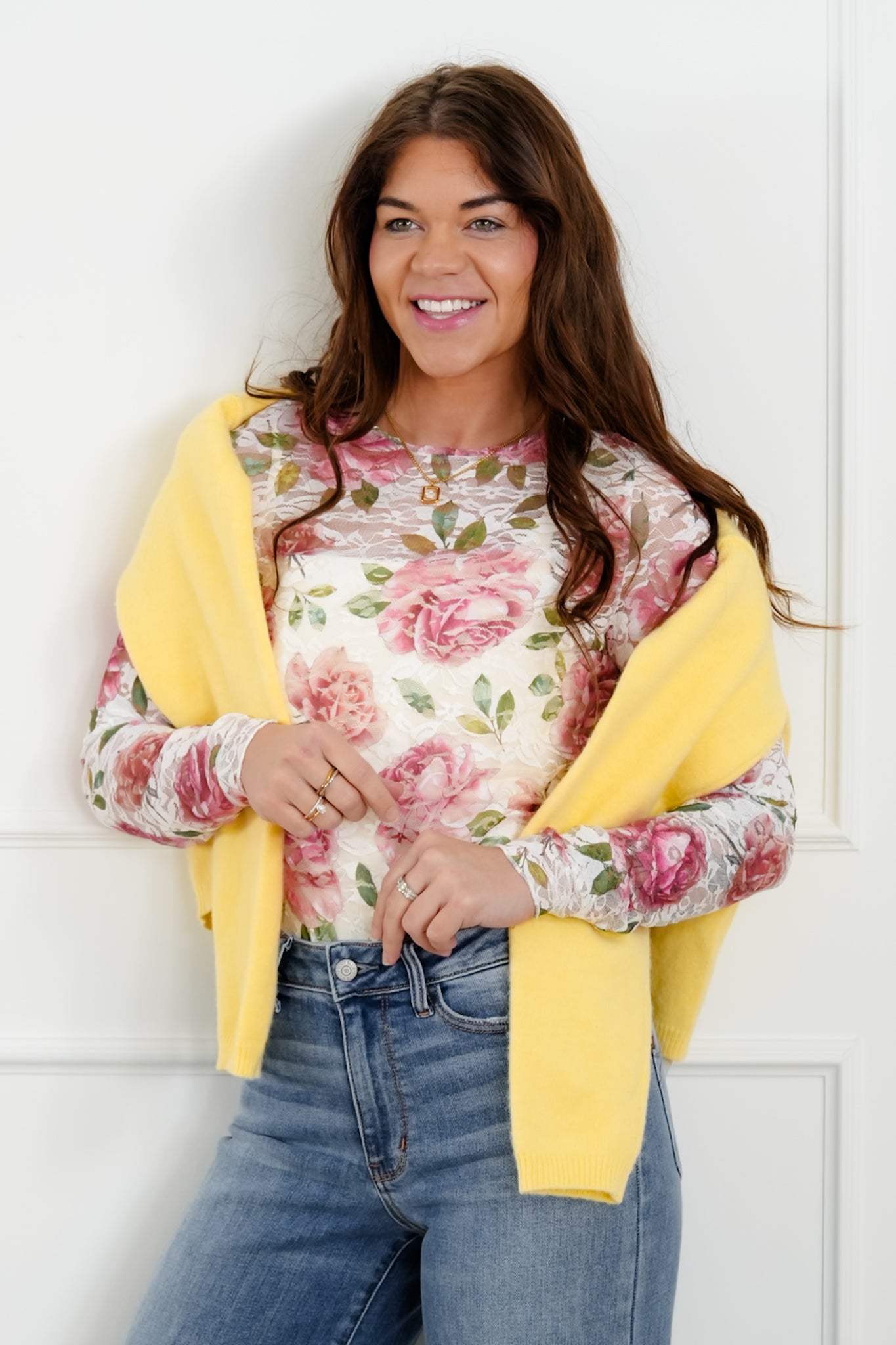 Rose Print Long Sleeve Round Neck Mesh Top