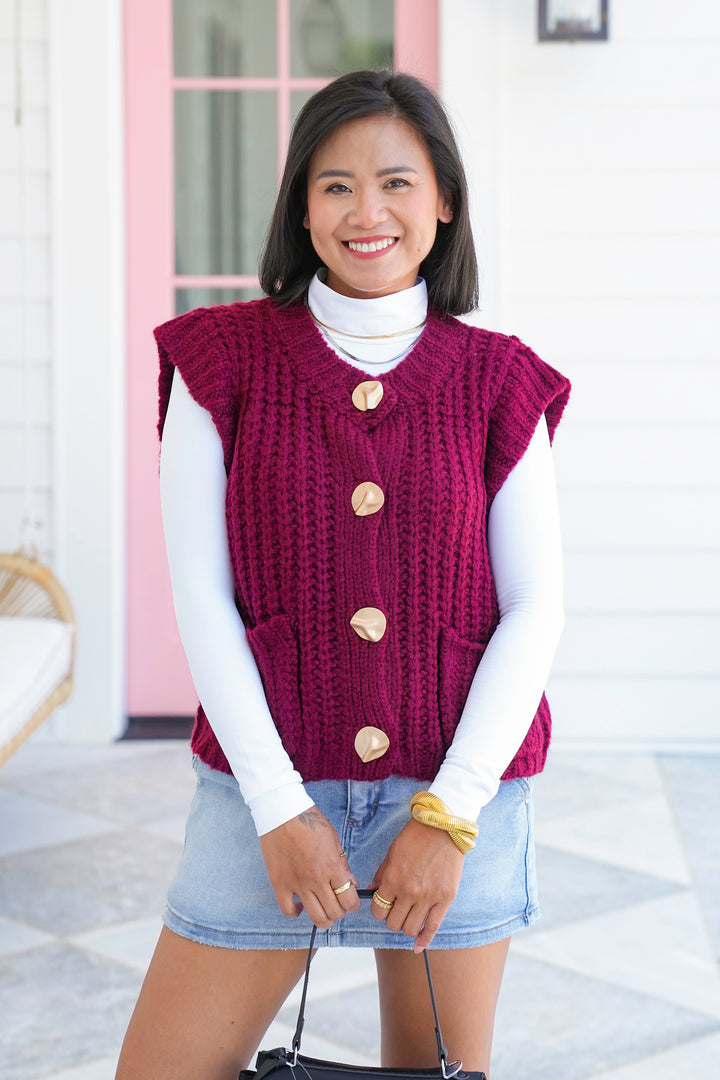 Chunky Knit Button Down Vest with Front Patch Pockets