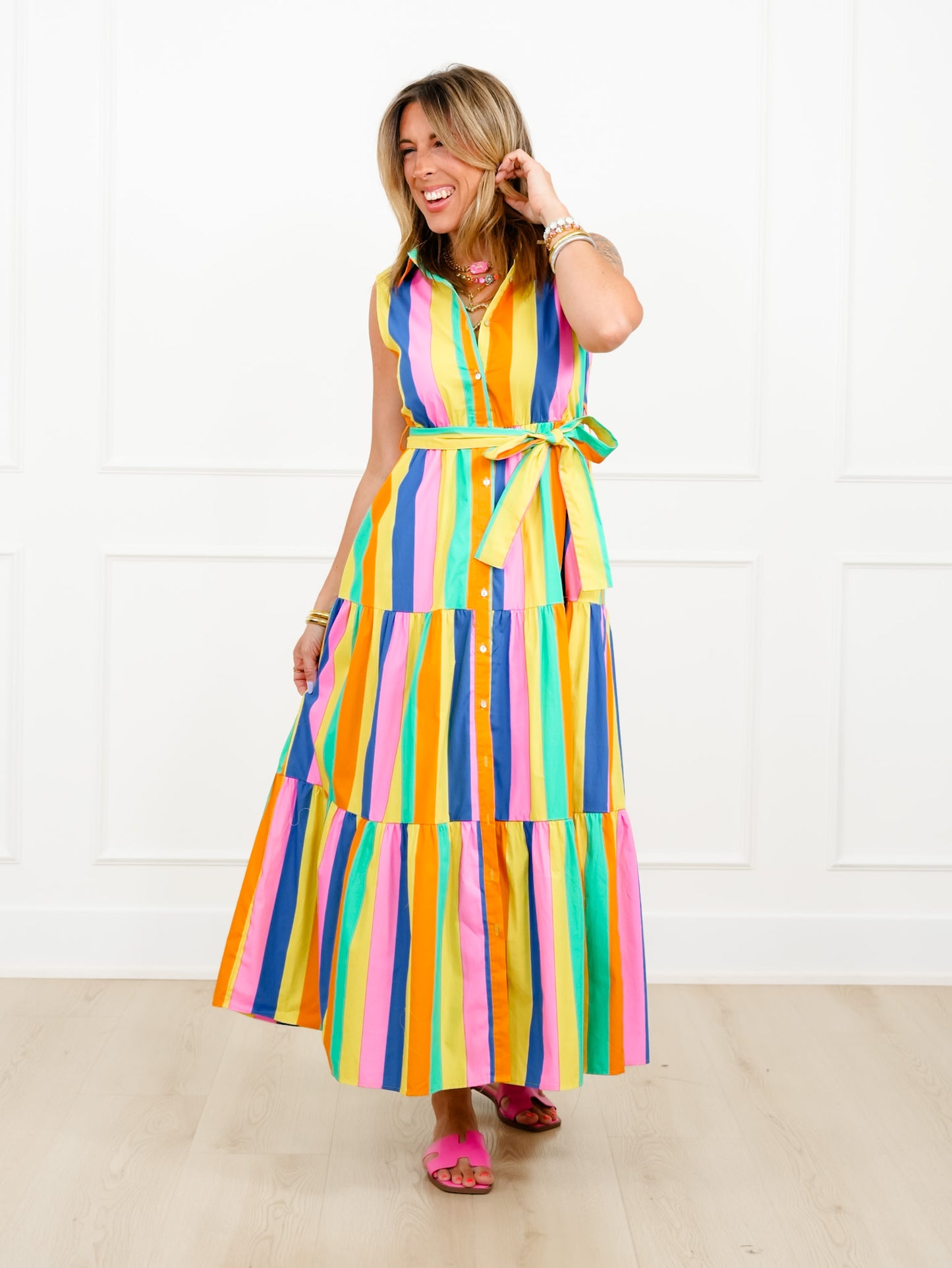 Multi Color Stripe Sleeveless Tiered Maxi Dress