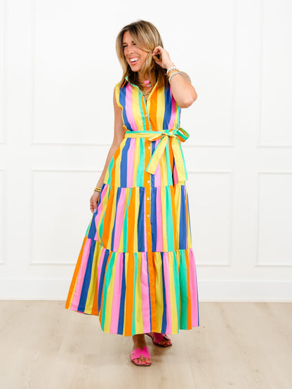 Multi Color Stripe Sleeveless Tiered Maxi Dress