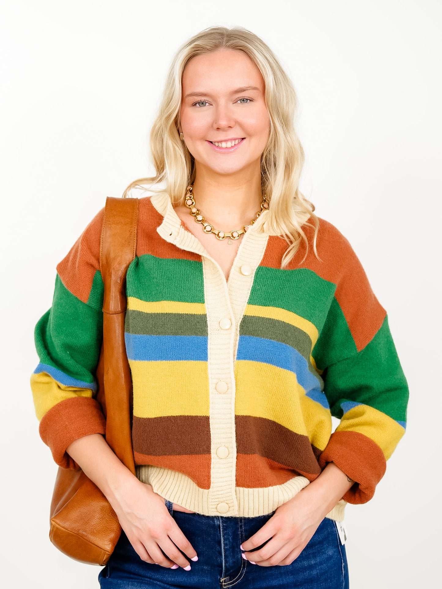 Multi Colored Stripe Long Sleeve Button Down Cardigan