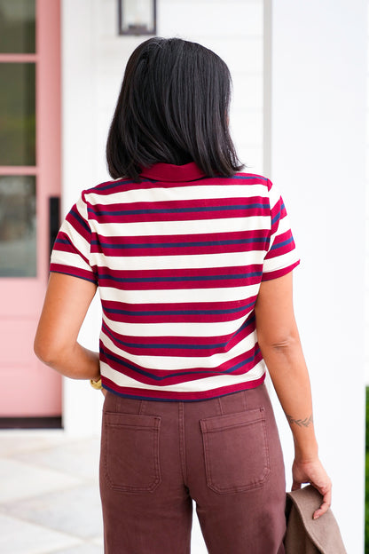 Stripe Short Sleeve Collar Crop Top