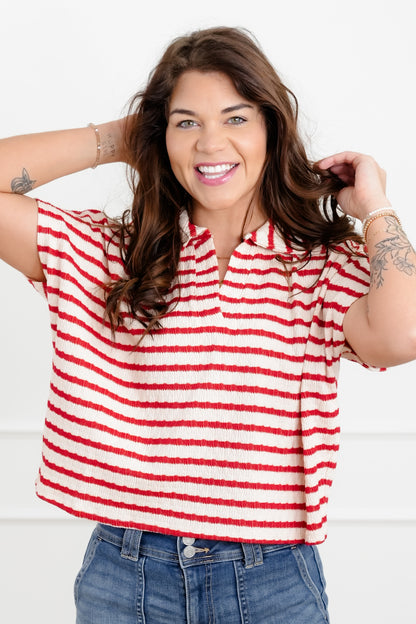 Door Buster! Zenana Striped Split Neck Collared Top