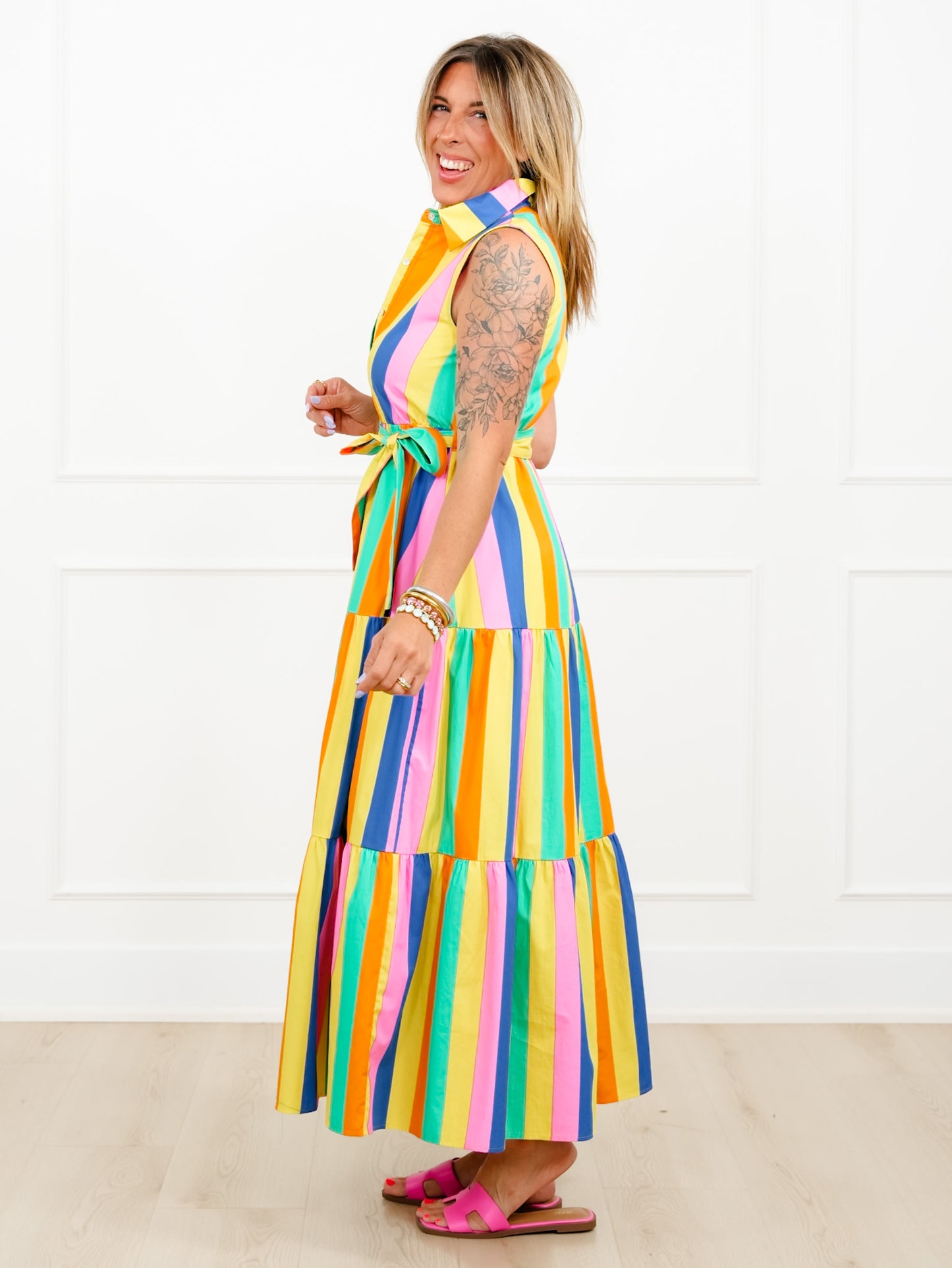 Multi Color Stripe Sleeveless Tiered Maxi Dress