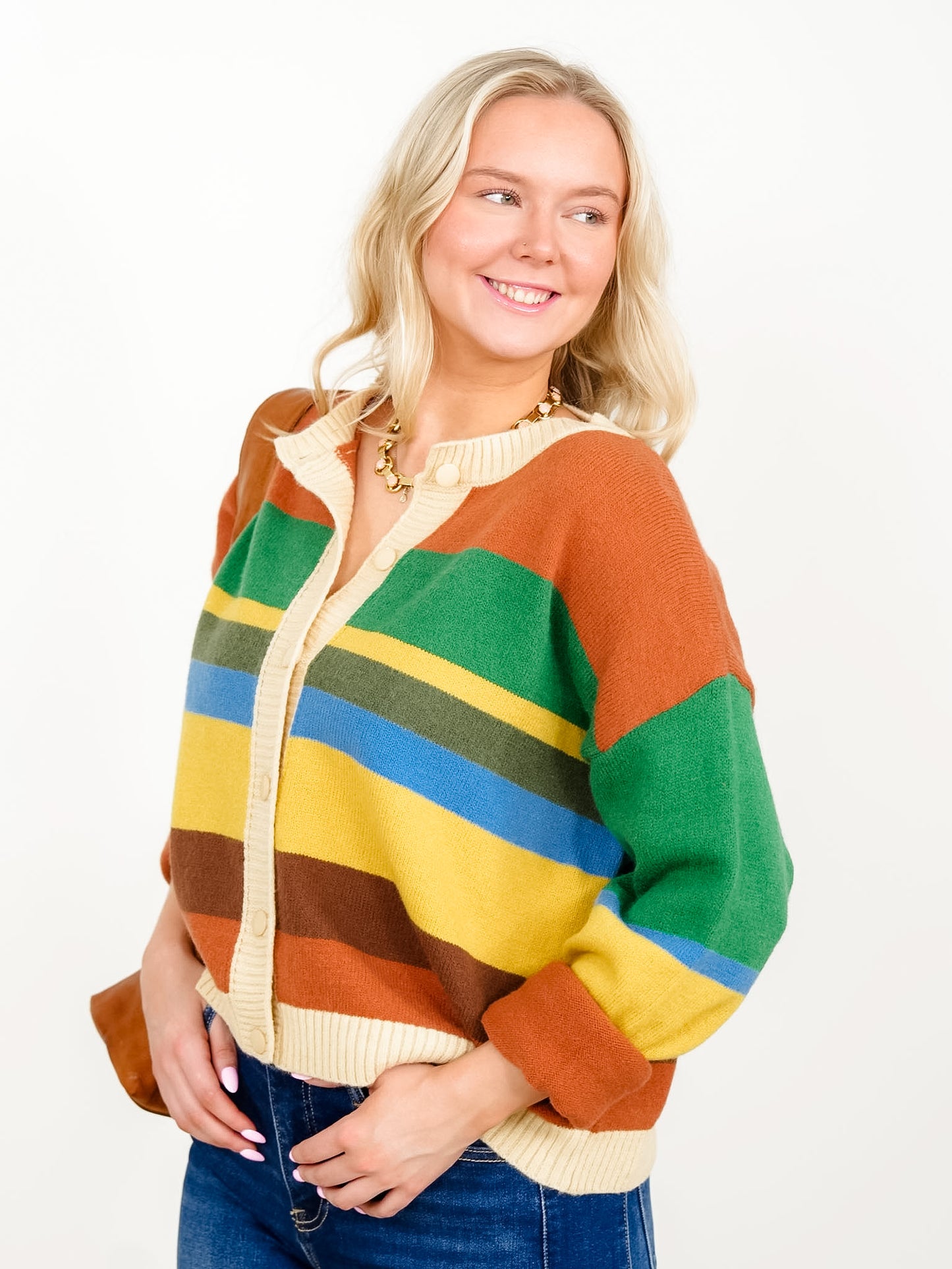Multi Colored Stripe Long Sleeve Button Down Cardigan