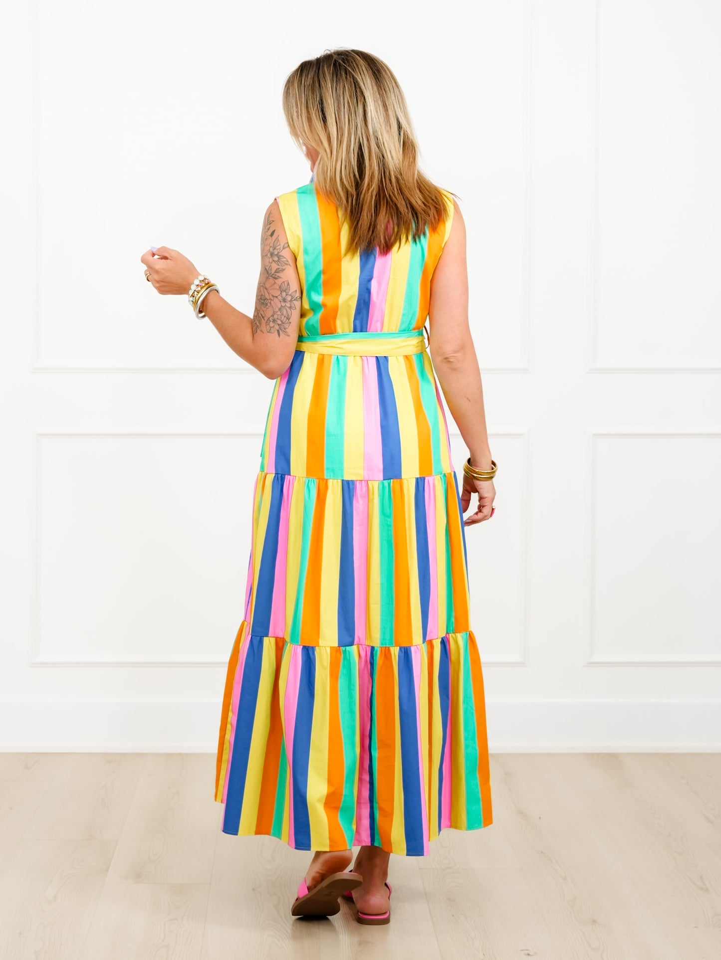 Multi Color Stripe Sleeveless Tiered Maxi Dress