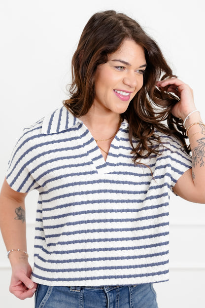 Door Buster! Zenana Striped Split Neck Collared Top