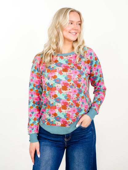 Floral Print Long Sleeve Top with Contrast Trim