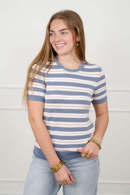 Striped Short Sleeve Round Neck Sweater Top