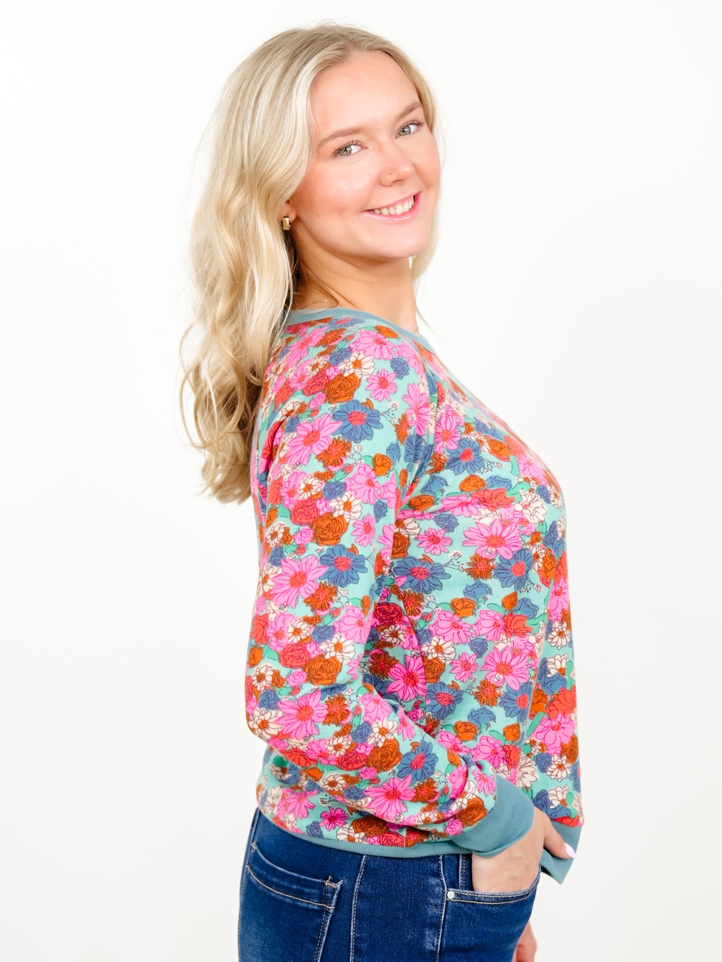 Floral Print Long Sleeve Top with Contrast Trim