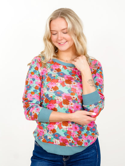 Floral Print Long Sleeve Top with Contrast Trim