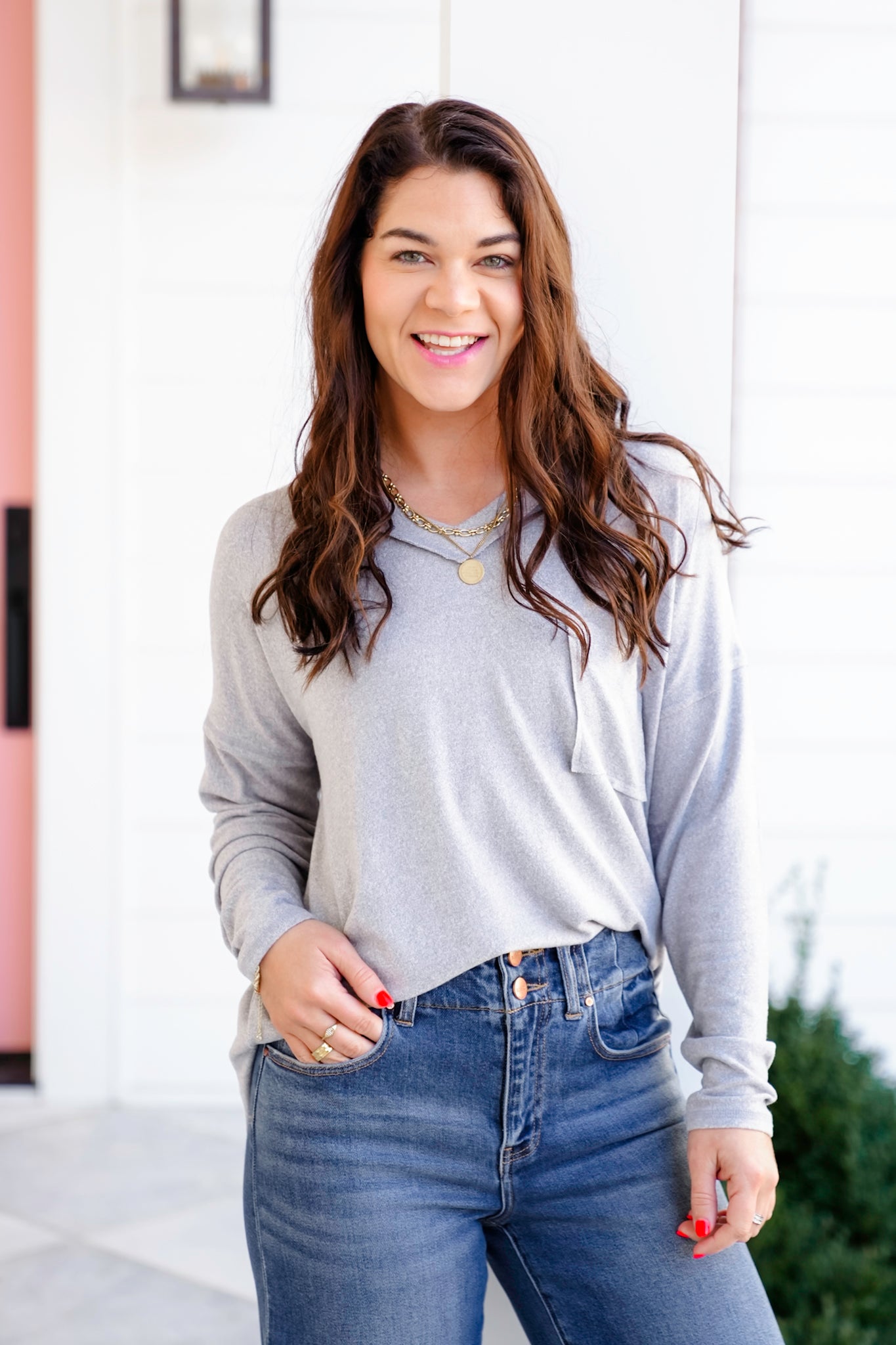 Poppy Day Door Buster! Zenana Soft Melange Hacci Exposed Seam Coin Pocket Tee