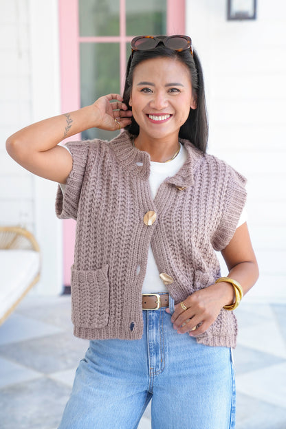 Chunky Knit Button Down Vest with Front Patch Pockets