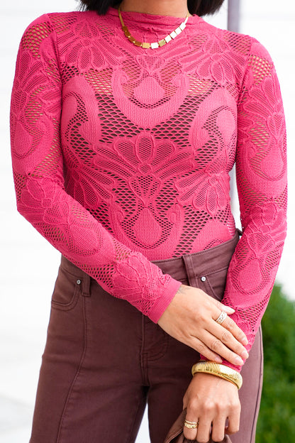 Floral Fish Net Long Sleeve Mock Neck Top