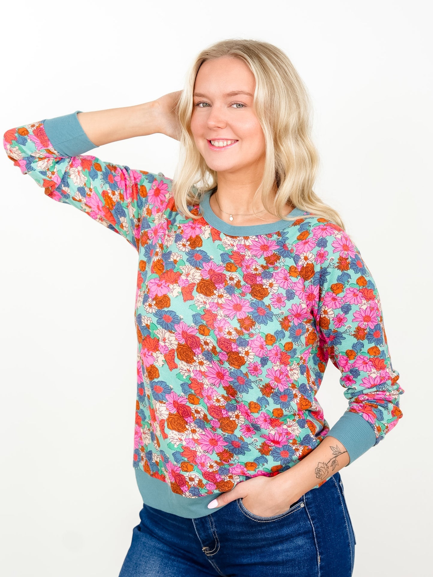 Floral Print Long Sleeve Top with Contrast Trim