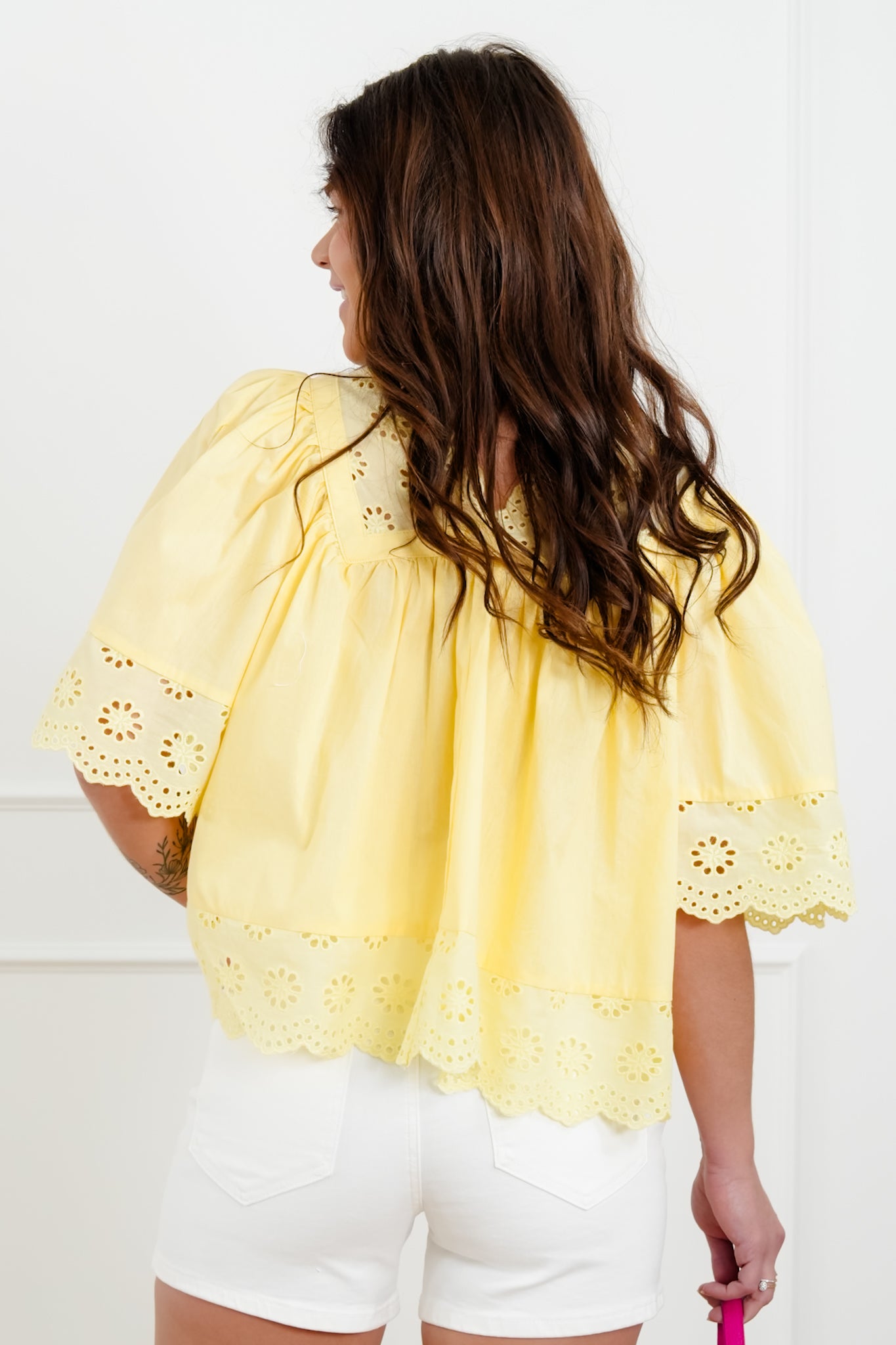 Short Sleeve Double V Neck Eyelet Trim Top