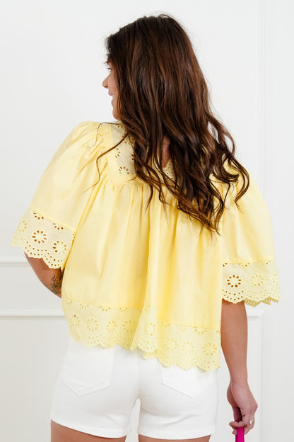 Short Sleeve Double V Neck Eyelet Trim Top