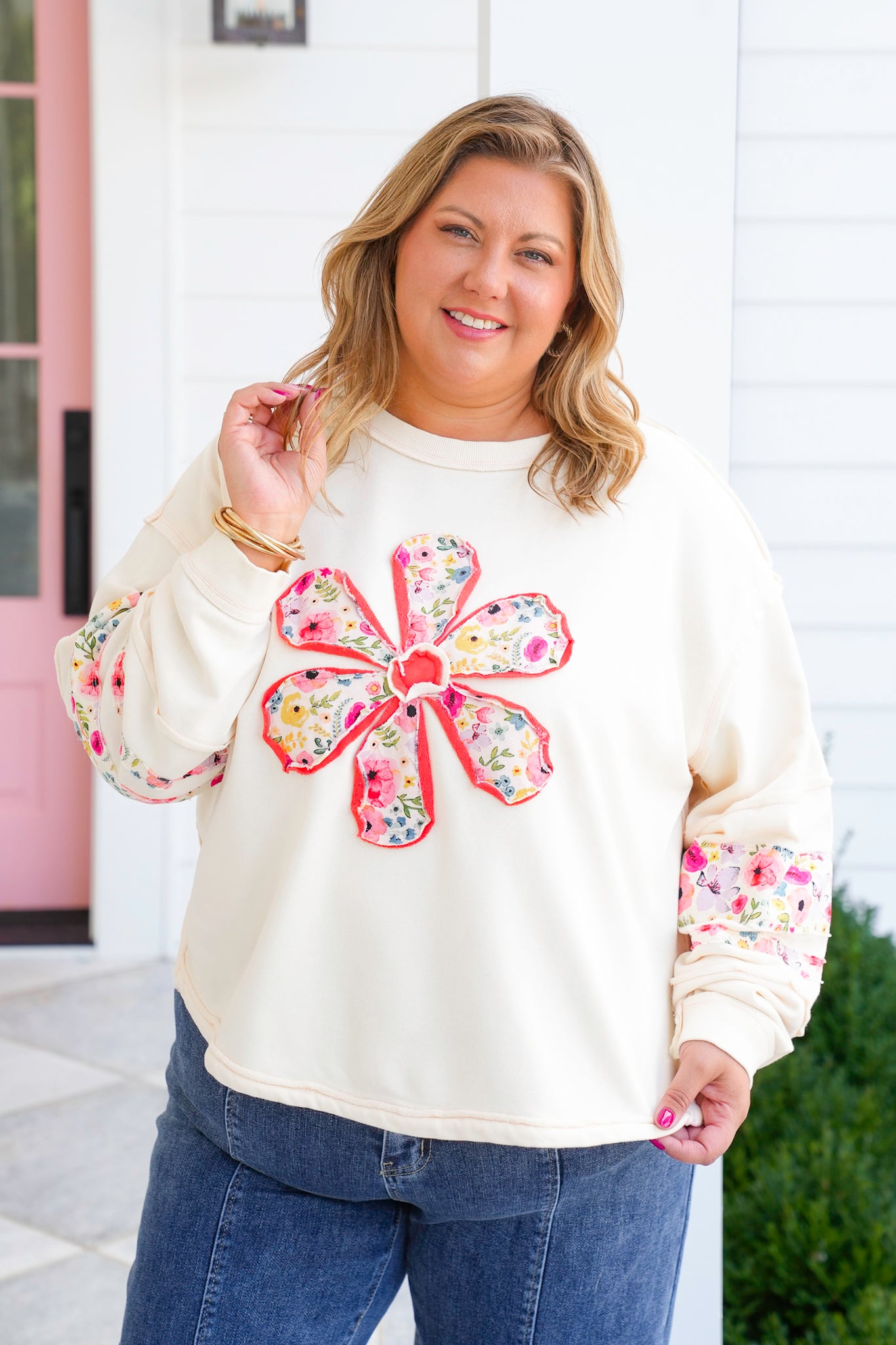 Long Sleeve Pullover Top with Daisy Patch
