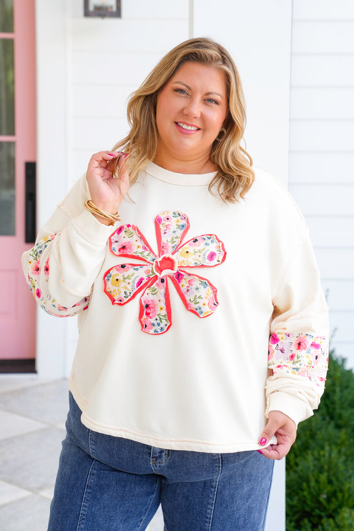 Long Sleeve Pullover Top with Daisy Patch