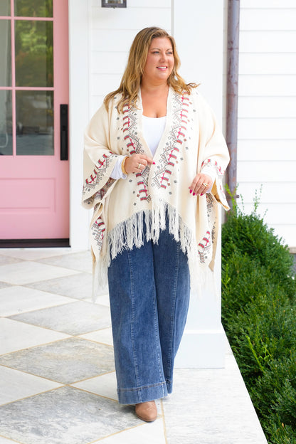 POL Embroidered Poncho Sweater with Fringe