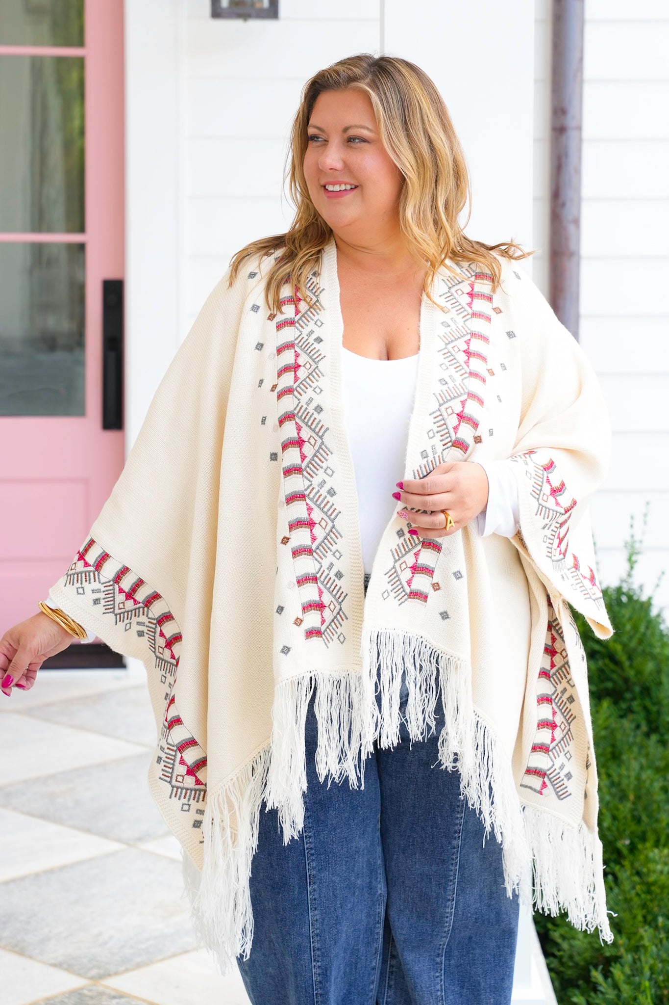 POL Embroidered Poncho Sweater with Fringe
