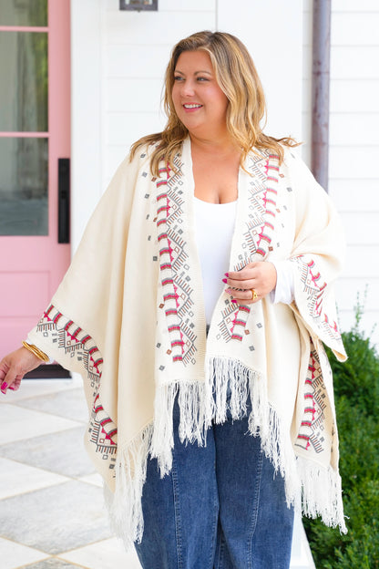 POL Embroidered Poncho Sweater with Fringe