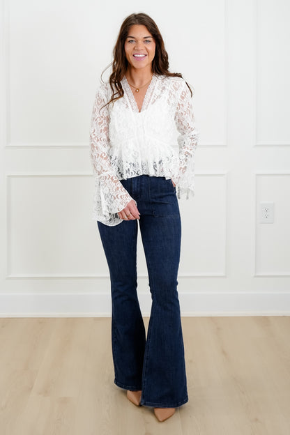 Floral Lace Long Sleeve V Neck Button Up Blouse