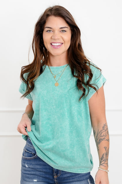 Door Buster! Plus/Reg Zenana Halo Washed Cuffed Short Sleeve Tee