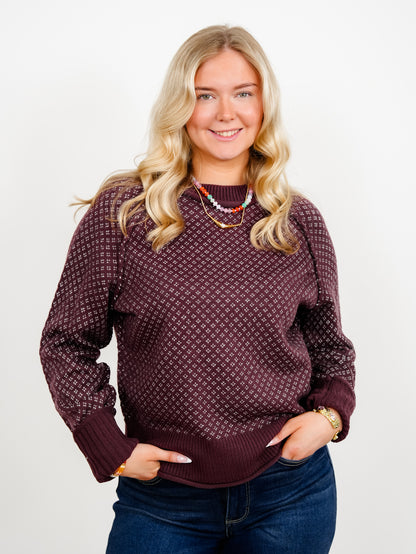 Patterned Mock Neck Ribbed Contrast Sweater - Freckled Poppy
