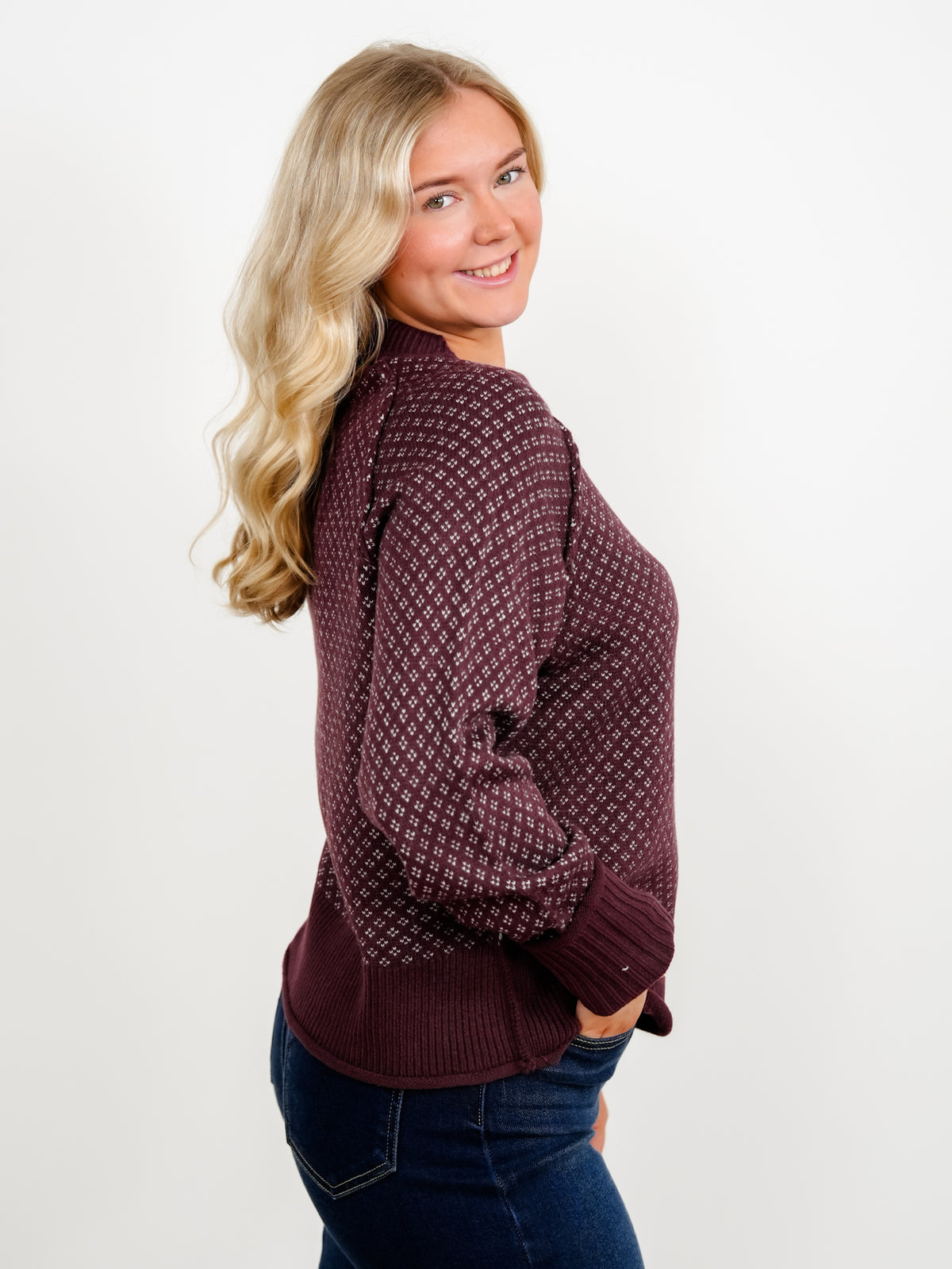 Patterned Mock Neck Ribbed Contrast Sweater - Freckled Poppy