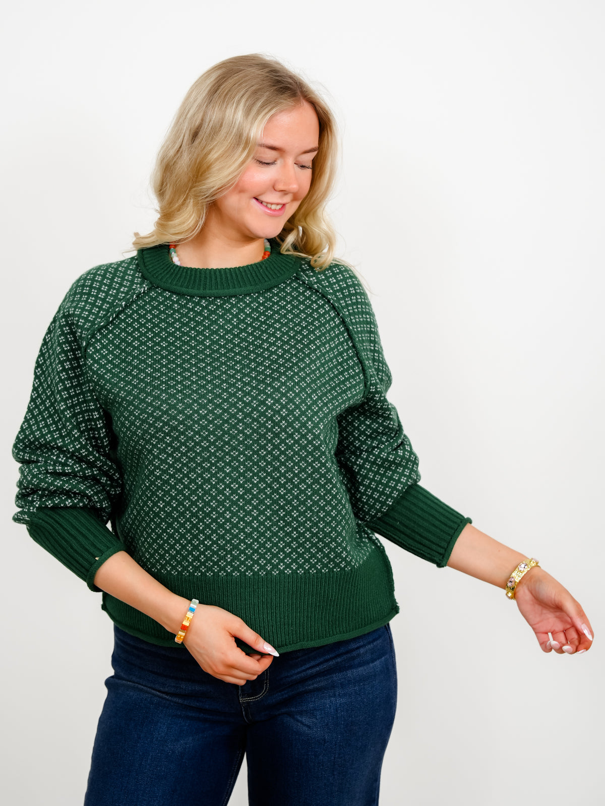 Patterned Mock Neck Ribbed Contrast Sweater - Freckled Poppy