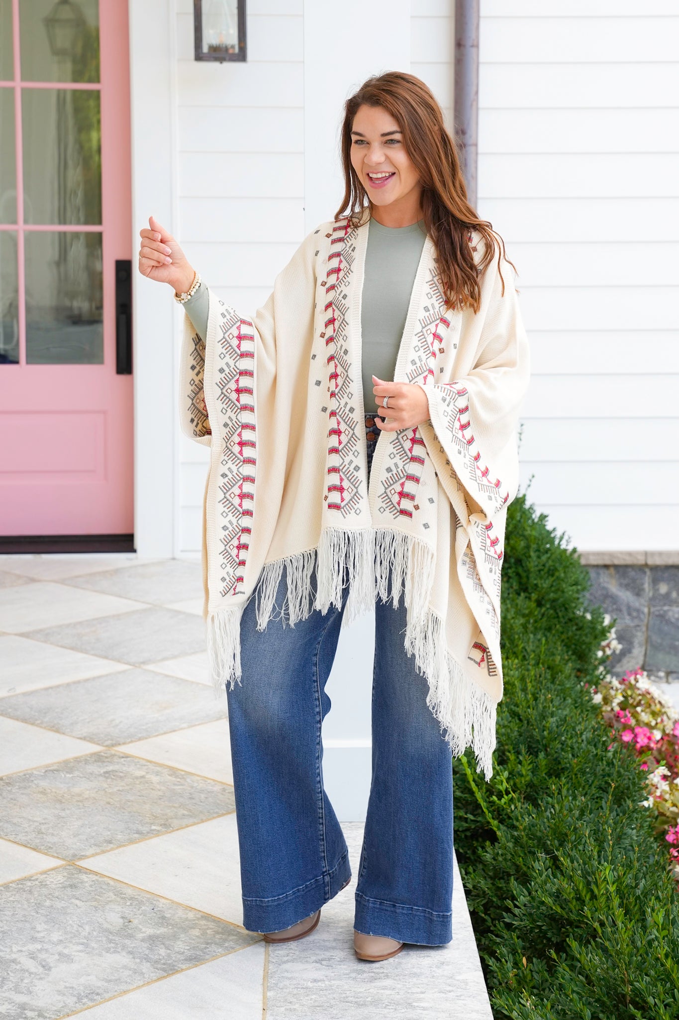 POL Embroidered Poncho Sweater with Fringe