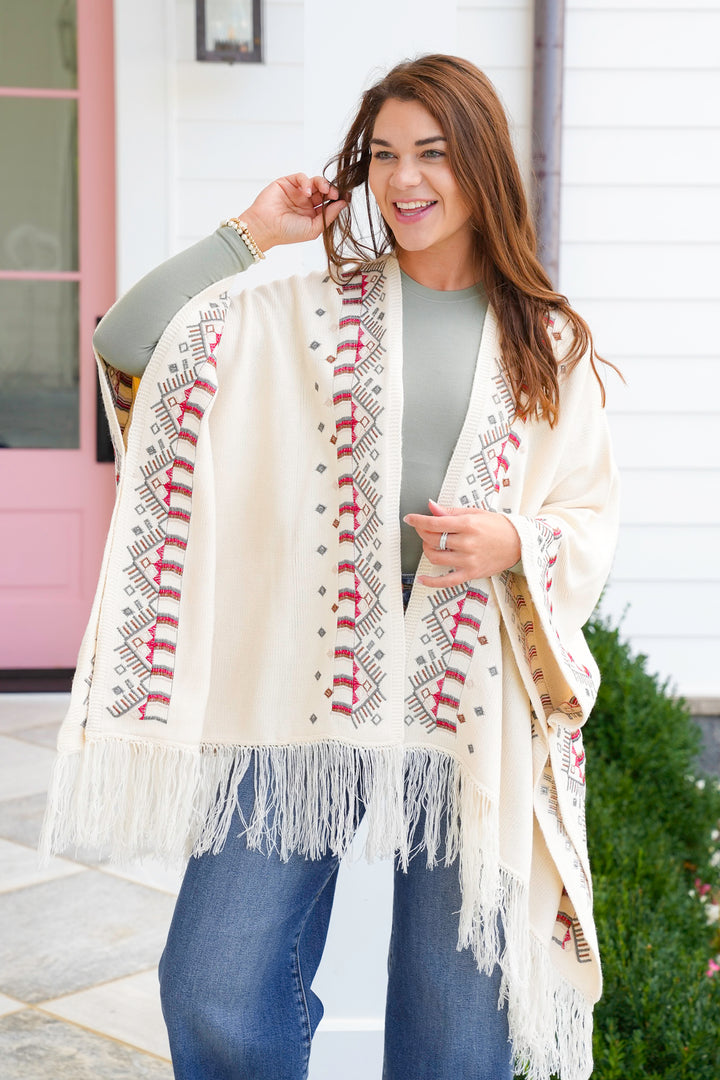 POL Embroidered Poncho Sweater with Fringe