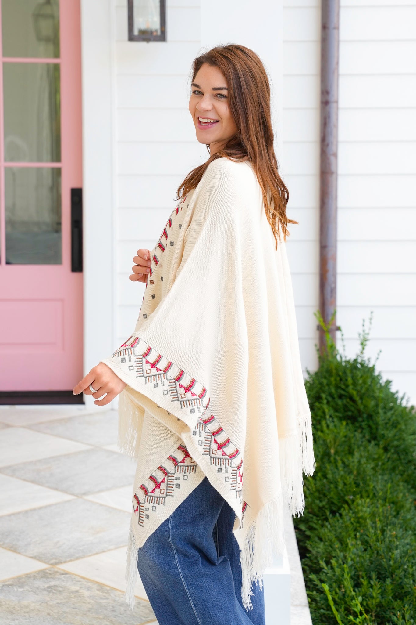 POL Embroidered Poncho Sweater with Fringe