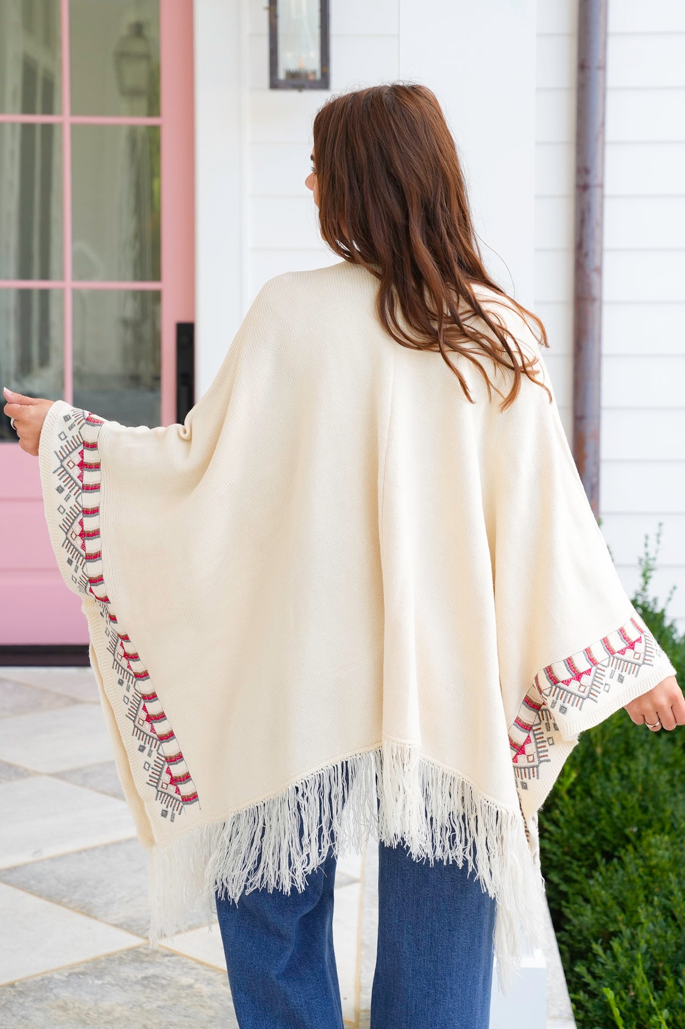 POL Embroidered Poncho Sweater with Fringe